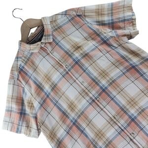 Mountain Ridge Shirt Mens XL Orange Blue Plaid Linen Cotton Short Sleeve Casual